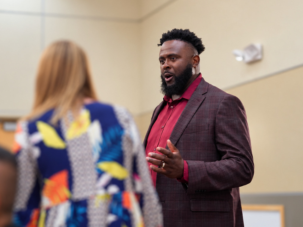 Dr. Banks in a burgundy blazer, mid conversation with a woman whose back is to the camera.